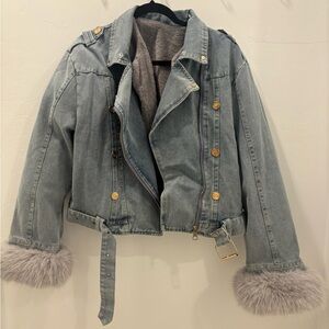 Nameless Light Blue Denim Jacket with Faux Fur Cuffs